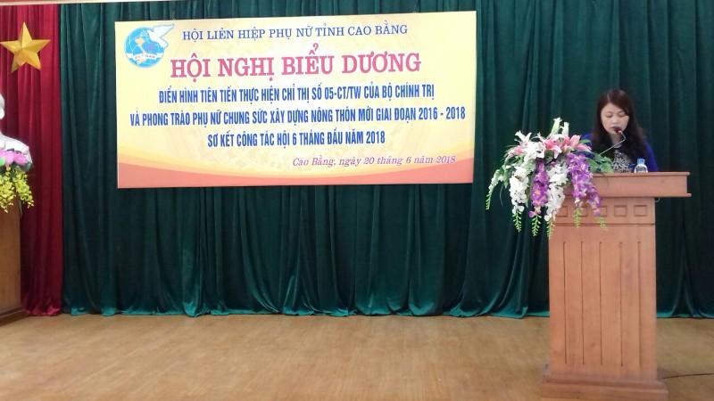 Đ/c Bế Thị Thúy - Hiệu trường trường THPT Thành phố Cao Bằng phát biểu tham luận tại hội nghị biểu dương điển hình tiên tiến.